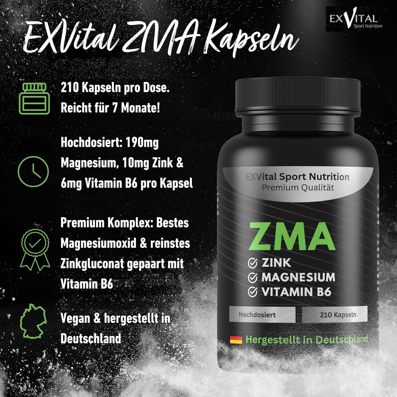 Produktabbildung mit ZMA-Kapseln. Aufschrift: Zink, Magnesium, Vitamin B6. 210 Kapseln. Hergestellt in Deutschland. Zusätzliche Informationen.