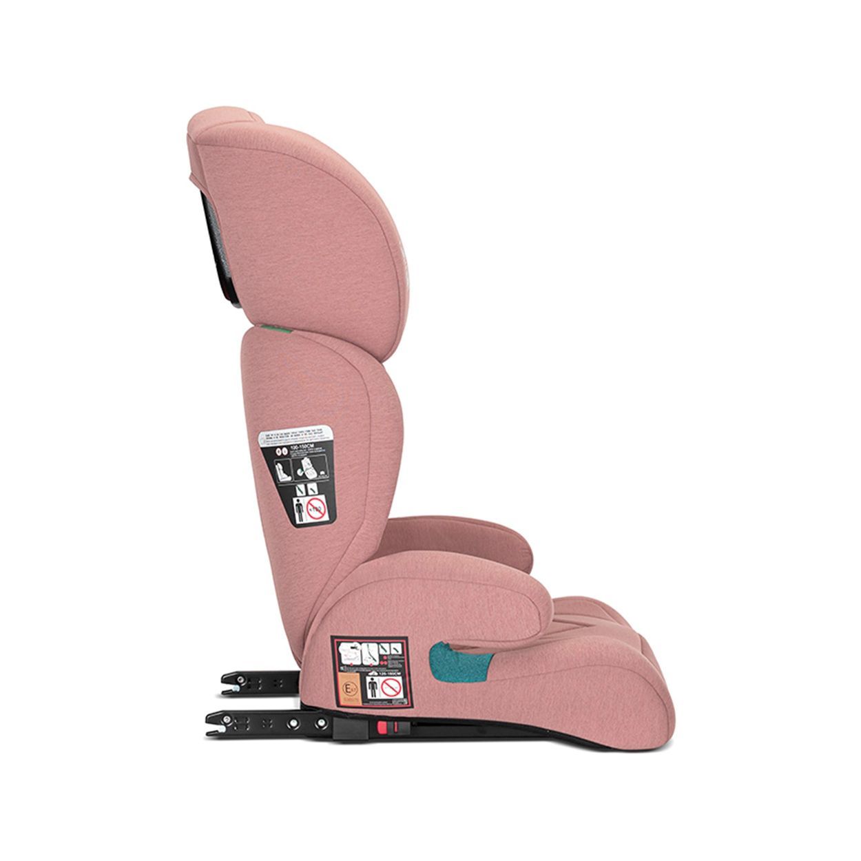 Rosa Kindersitz mit verstellbarer Kopfstütze und gepolsterten Seitenflügeln.