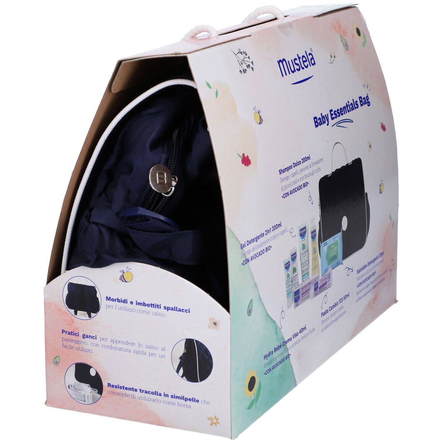 Mustela® Baby Essentials Bag nella confezione. Borsa e prodotti nella scatola. Illustrazioni e testo.
