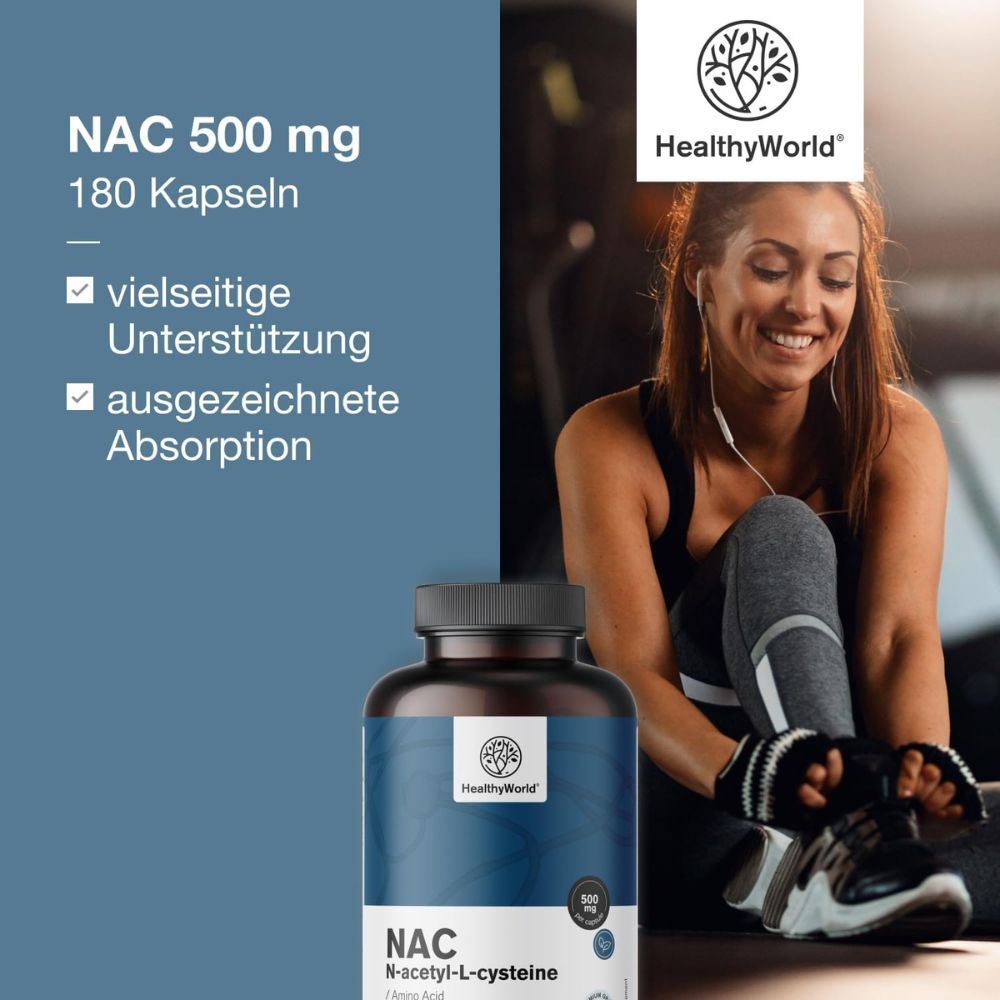 Flasche mit Kapseln. Aufschrift: NAC 500 mg, 180 Kapseln. Marke: HealthyWorld. Text: vielseitige Unterstützung, ausgezeichnete Absorption.