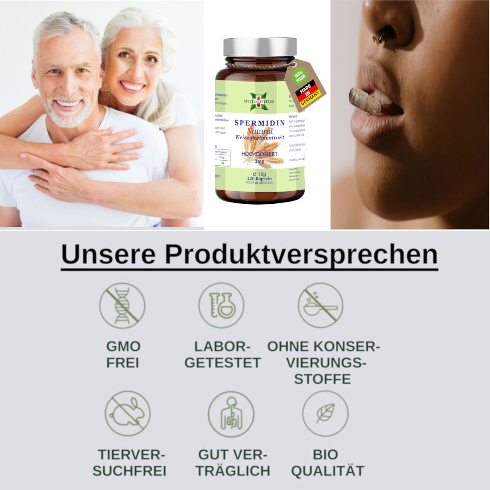 Collage mit älterem Paar, Kapsel in Mund, und Produktabbildung. Text: "Unsere Produktversprechen" mit Icons für GMO-frei, Laborgetestet etc.