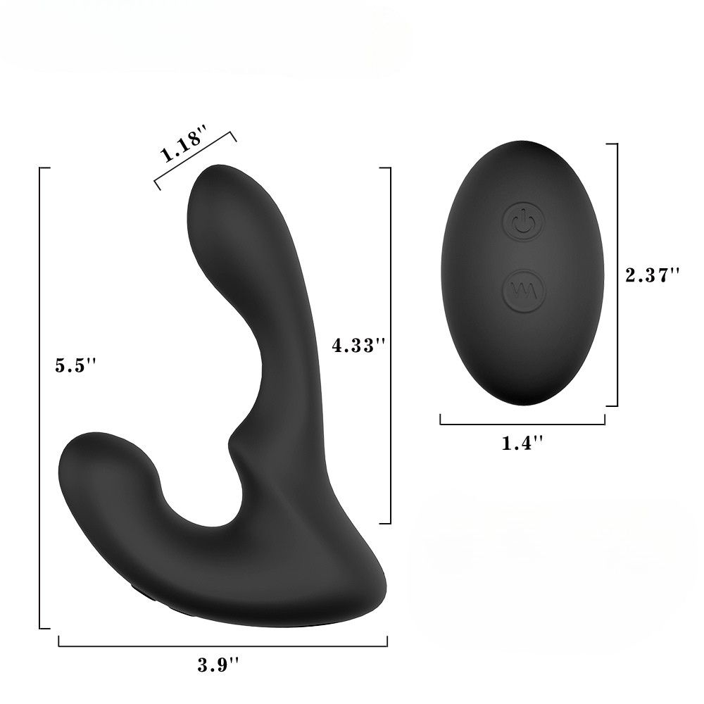Schwarzer Vibrator mit Abmessungen. Eine Fernbedienung ist ebenfalls abgebildet.