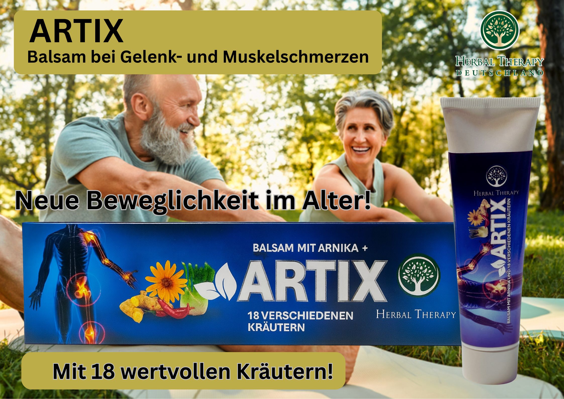 Werbefoto. Älteres Paar. Tube und Schachtel mit Aufschrift ARTIX. Text: Balsam bei Gelenk- und Muskelschmerzen.