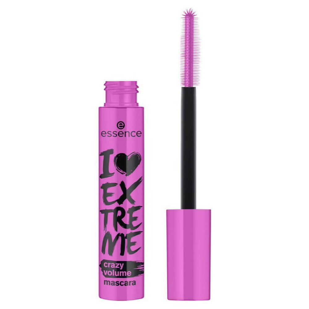 Essence I LOVE EXTREME Mascara, pinke Tube mit schwarzer Schrift. Bürste herausgezogen. Schwarze Bürste, pinke Borsten.