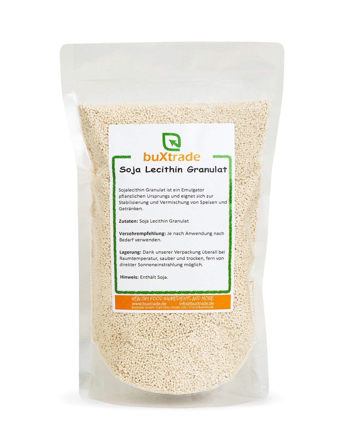 BuxTrade Soja Lecithin Granulat in weißer Standbodenbeutel-Verpackung mit Etikett.