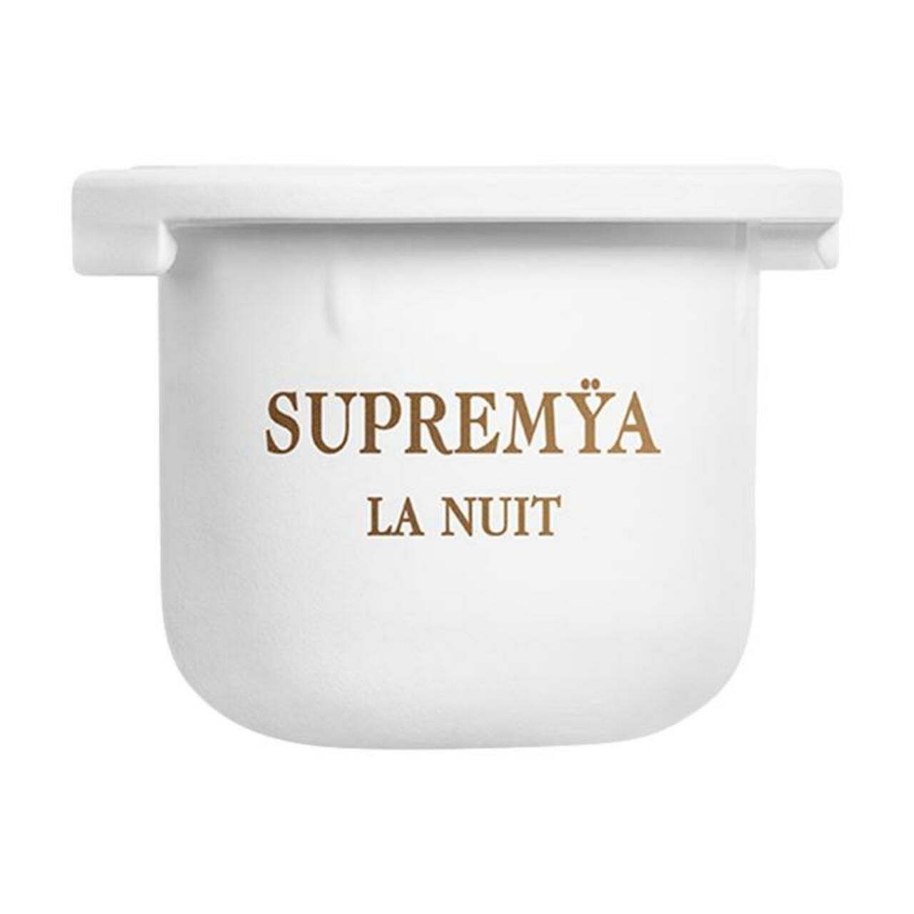 Weißer Behälter mit Sisley Supremya La Nuit-Aufdruck. Rechteckige Form mit abgerundeten Ecken.