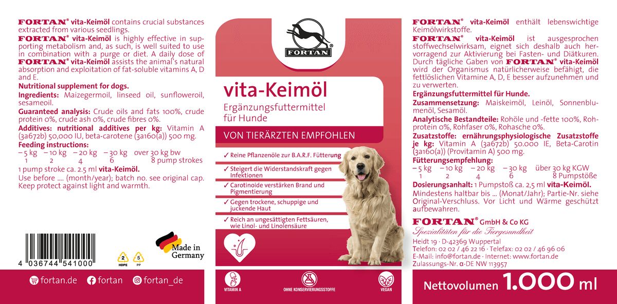 Etikett mit Text und Logo. Aufschrift: FORTAN vita-Keimöl. Ergänzungsfuttermittel für Hunde. Mit Abbildung eines Hundes.