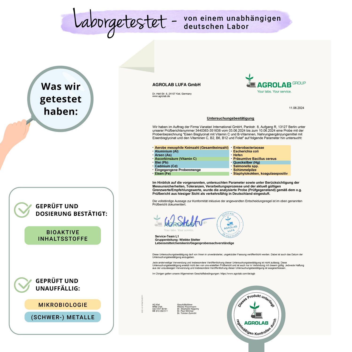 Laborbericht. Bestätigung der Inhaltsstoffe und Mikrobiologie. Zertifizierung: Agrolab.