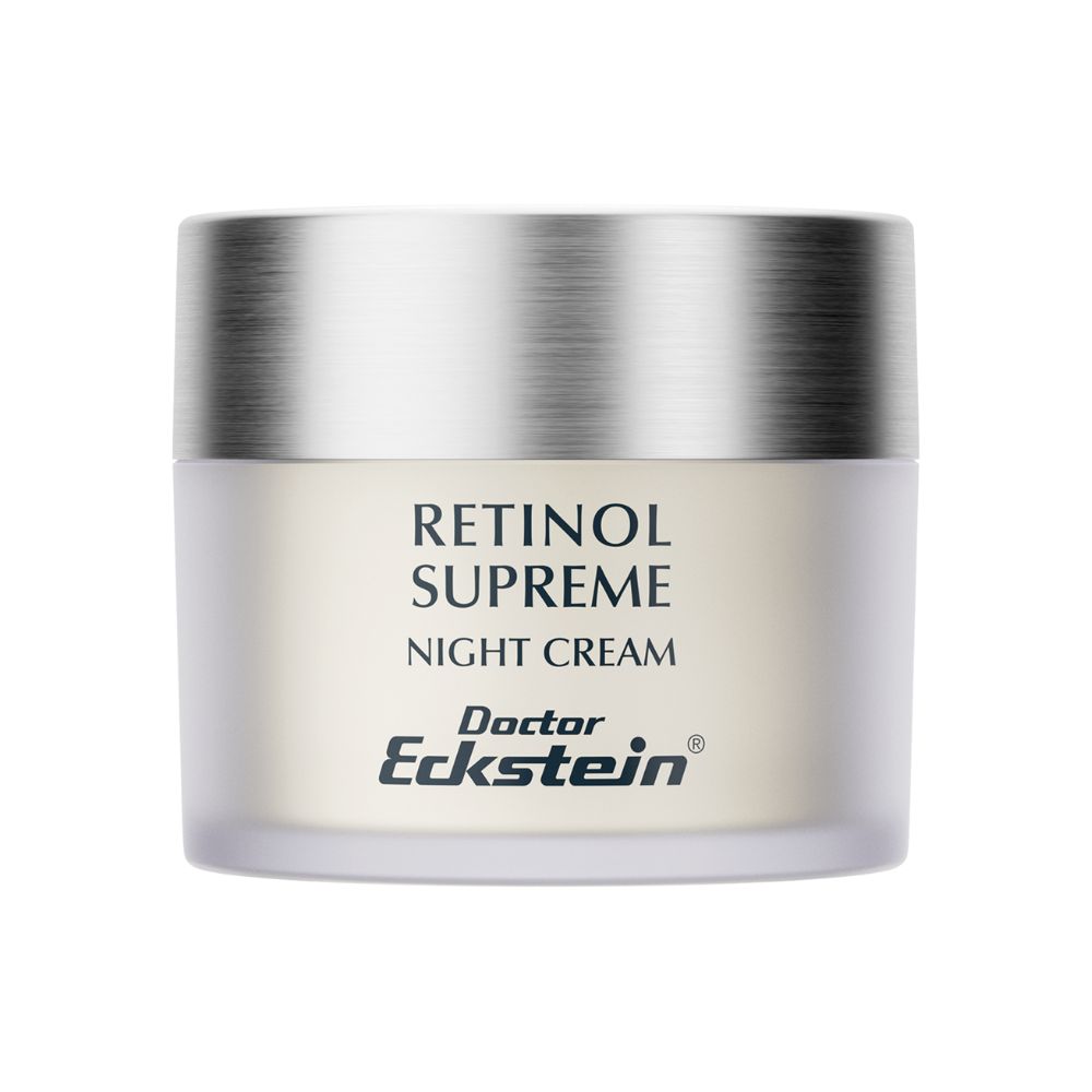 Creme-Tiegel mit silberfarbenem Deckel. Aufschrift: Retinol Supreme Night Cream. Marke: Doctor Eckstein.