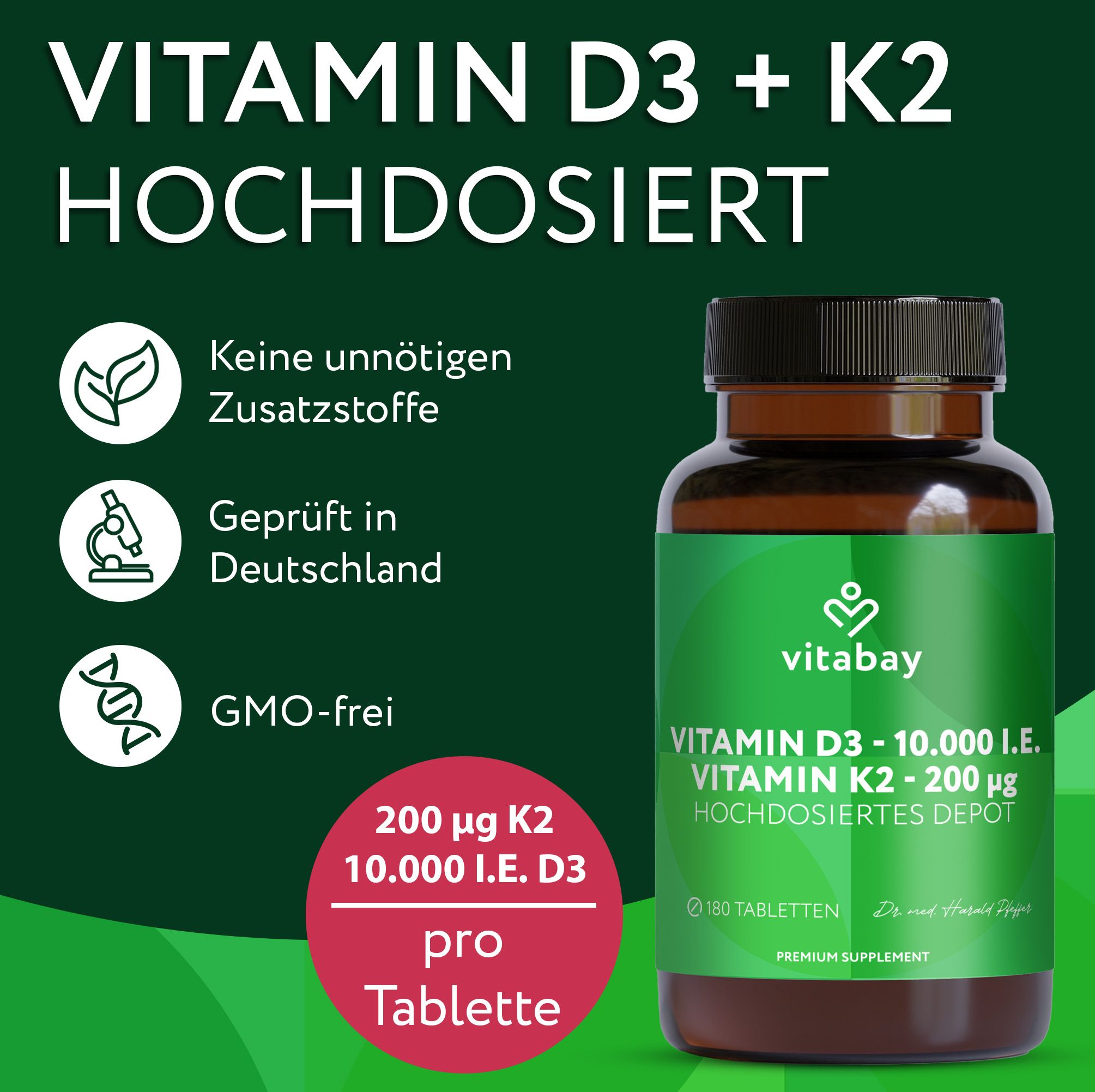 Vitabay Vitamin D3 + K2 hochdosiert. Ohne Zusatzstoffe, geprüft in Deutschland.