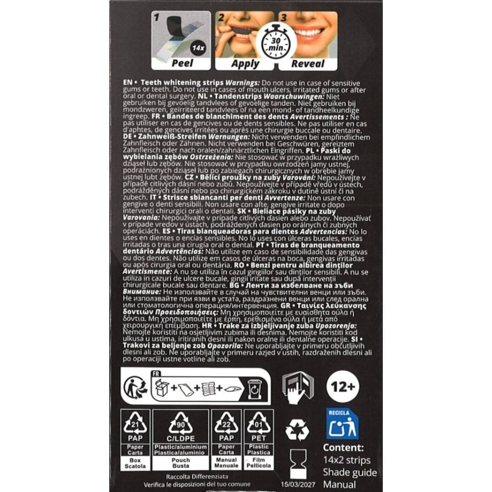 Rückseite der Verpackung mit Text und Symbolen. Text in mehreren Sprachen. Symbole für Recycling und Altersfreigabe.