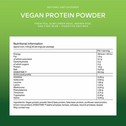 Nährwertangaben für Aavalabs Vegan Protein Powder. 19g Protein, 0g Zucker, Aminosäureprofil. Enthält Enzyme.