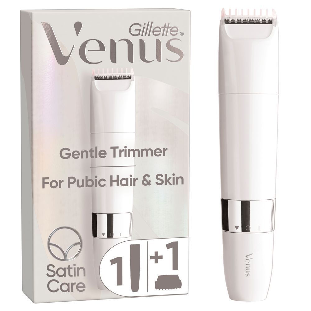 Weißer Trimmer mit Verpackung. Aufschrift: Venus, Gentle Trimmer, Satin Care. Inklusive Ersatzkopf.