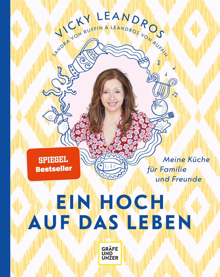 Buchcover mit Vicky Leandros. Titel: Ein Hoch auf das Leben. Autoren: Vicky Leandros, Sandra von Ruffin. Verlag: Gräfe und Unzer. Auszeichnung: Spiegel Bestseller.