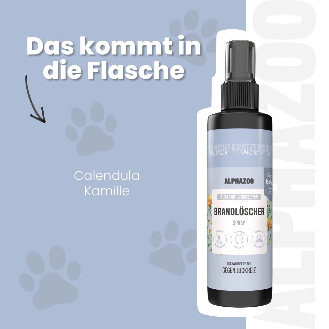 Braune Sprühflasche mit schwarzem Sprühkopf. Text: alphazoo Brandlöscher Spray. Gegen Juckreiz. Pfeil zeigt auf Kamille und Calendula.