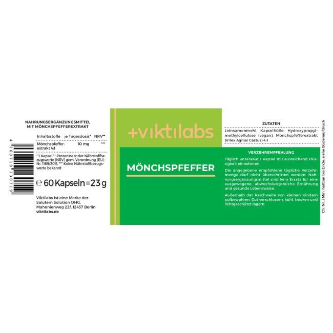 Grünes Etikett mit Text: Mönchspfeffer, Viktilabs. Text: Nahrungsergänzungsmittel. Text und Informationen zu Inhaltsstoffen und Dosierung.