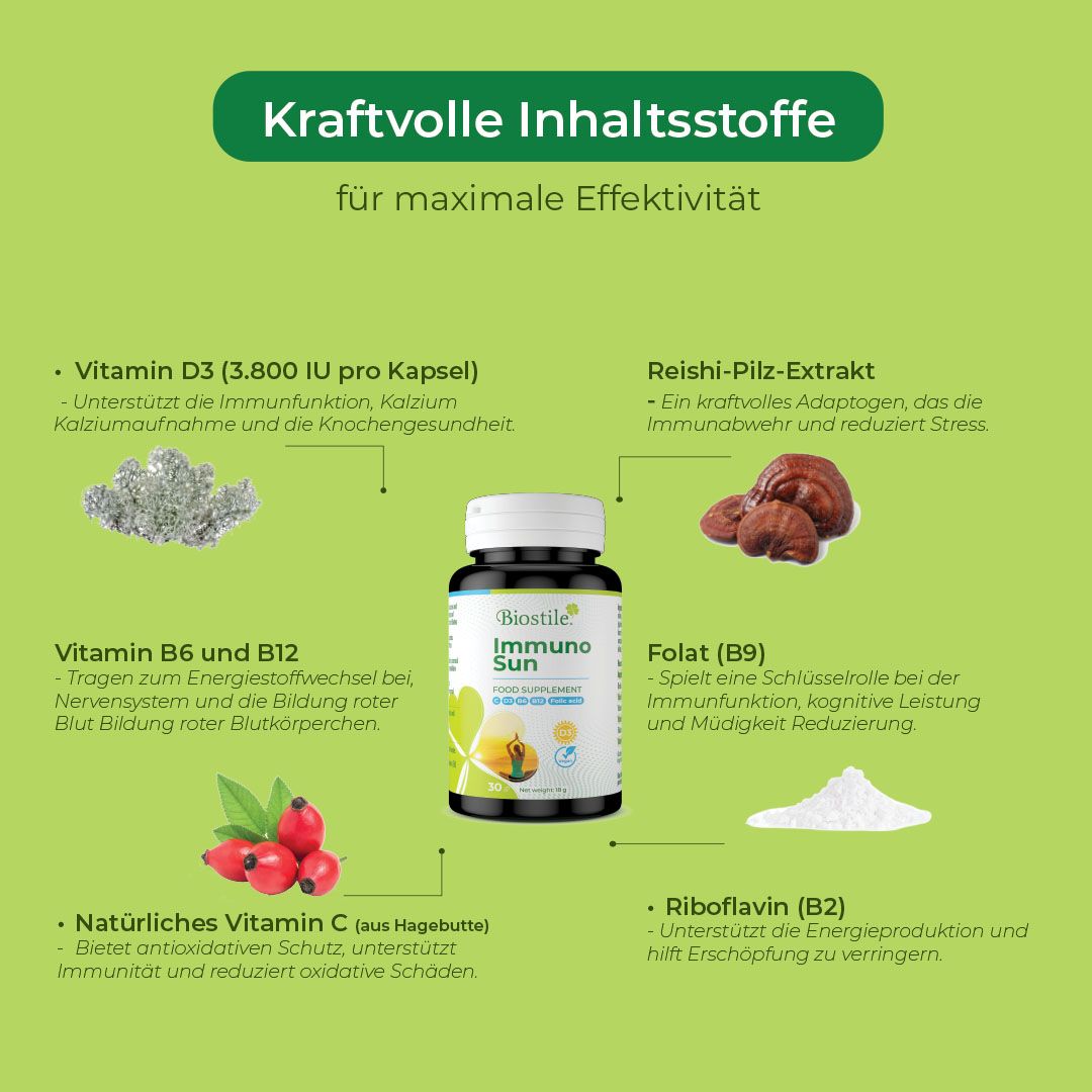 Grafik mit Inhaltsstoffen: Vitamin D3, Reishi-Pilz, Vitamin B6, B12, Folsäure, Vitamin C, Riboflavin.