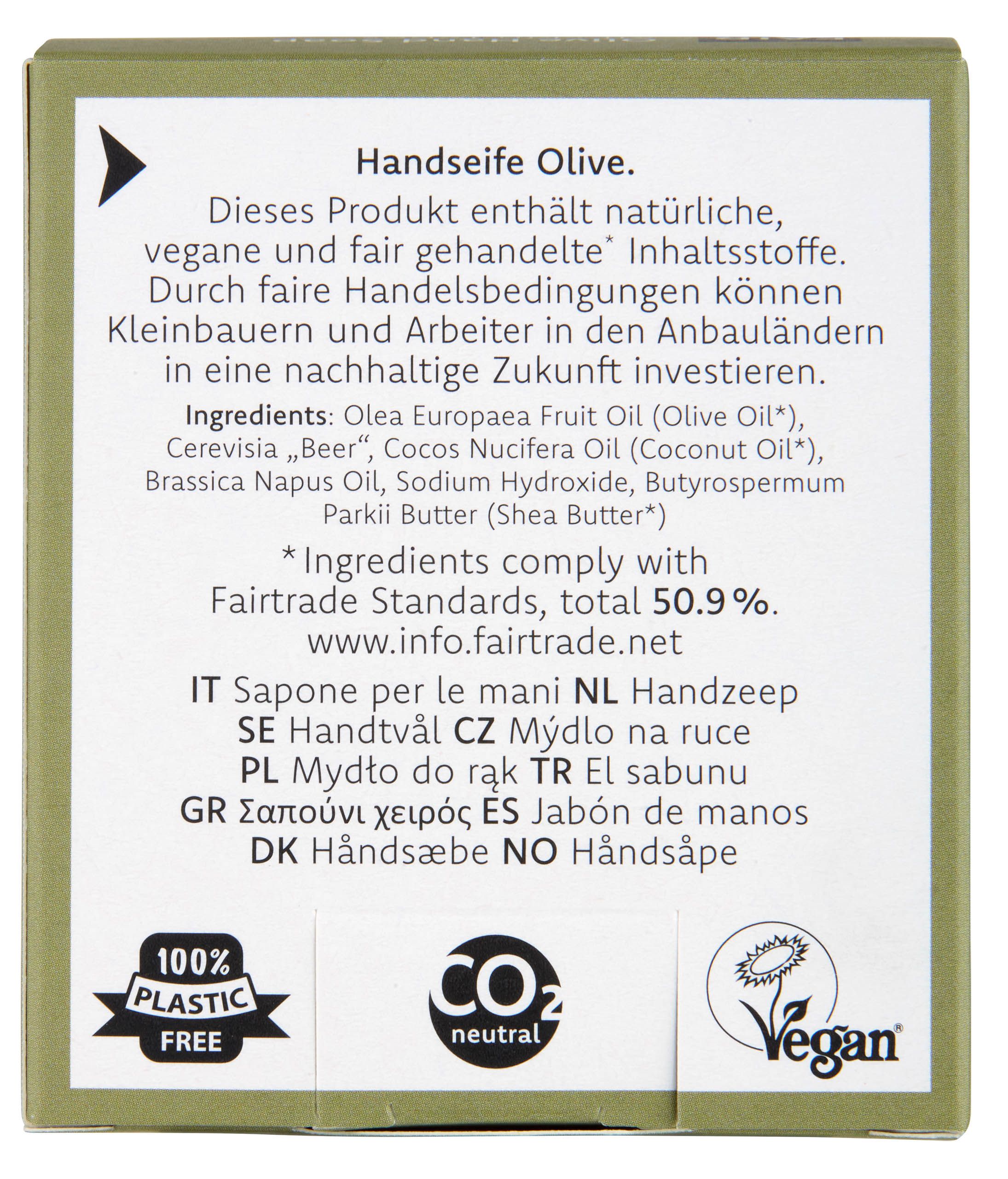 Rückseite der Handseifenverpackung. Text: Inhaltsstoffe, vegan, Fairtrade. Logos: 100% plastikfrei, CO2 neutral, Vegan.