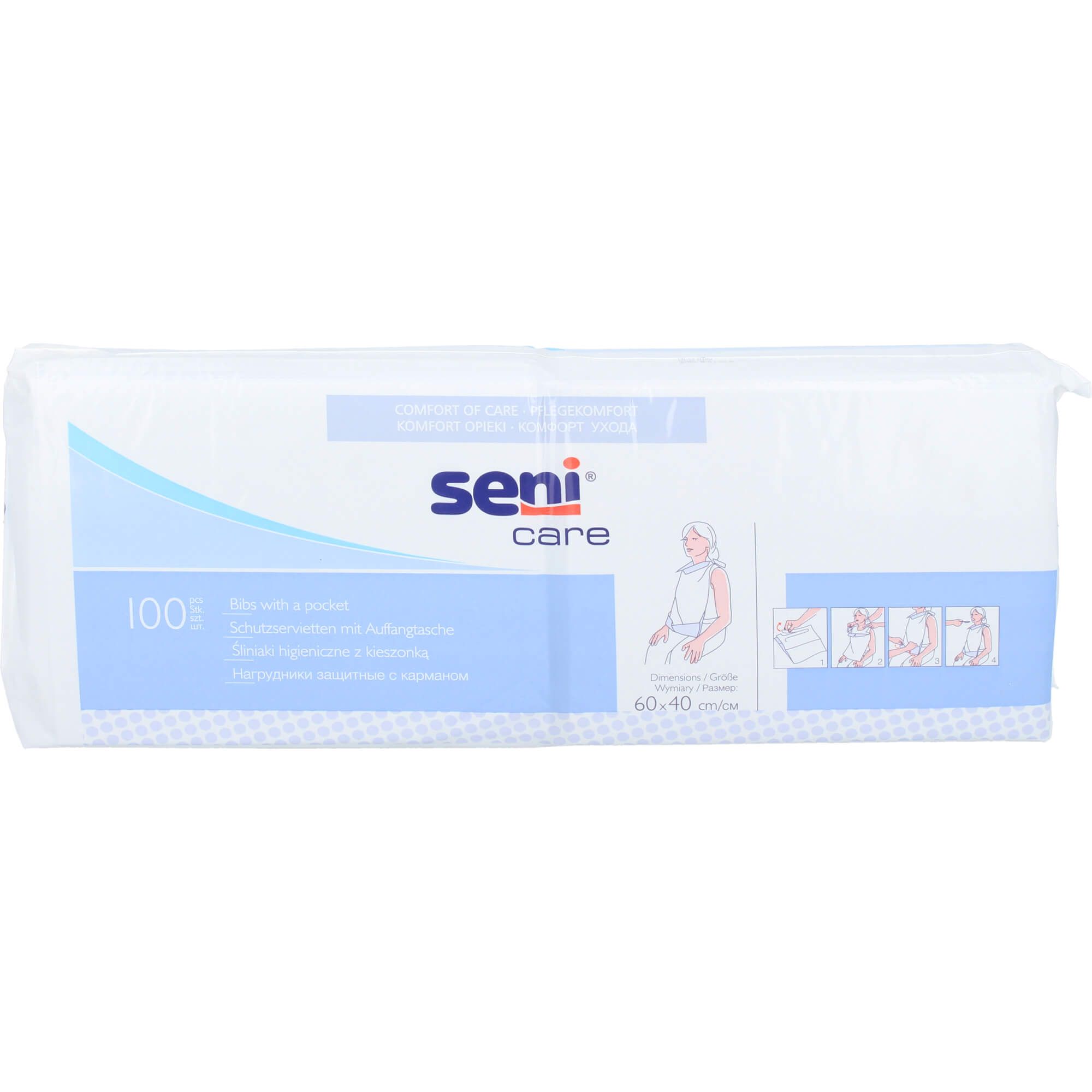 Verpackung mit SENI Einweg Speiselätzchen. Weißes Produkt mit blauer Beschriftung. Zeigt Illustrationen und Produktinformationen.