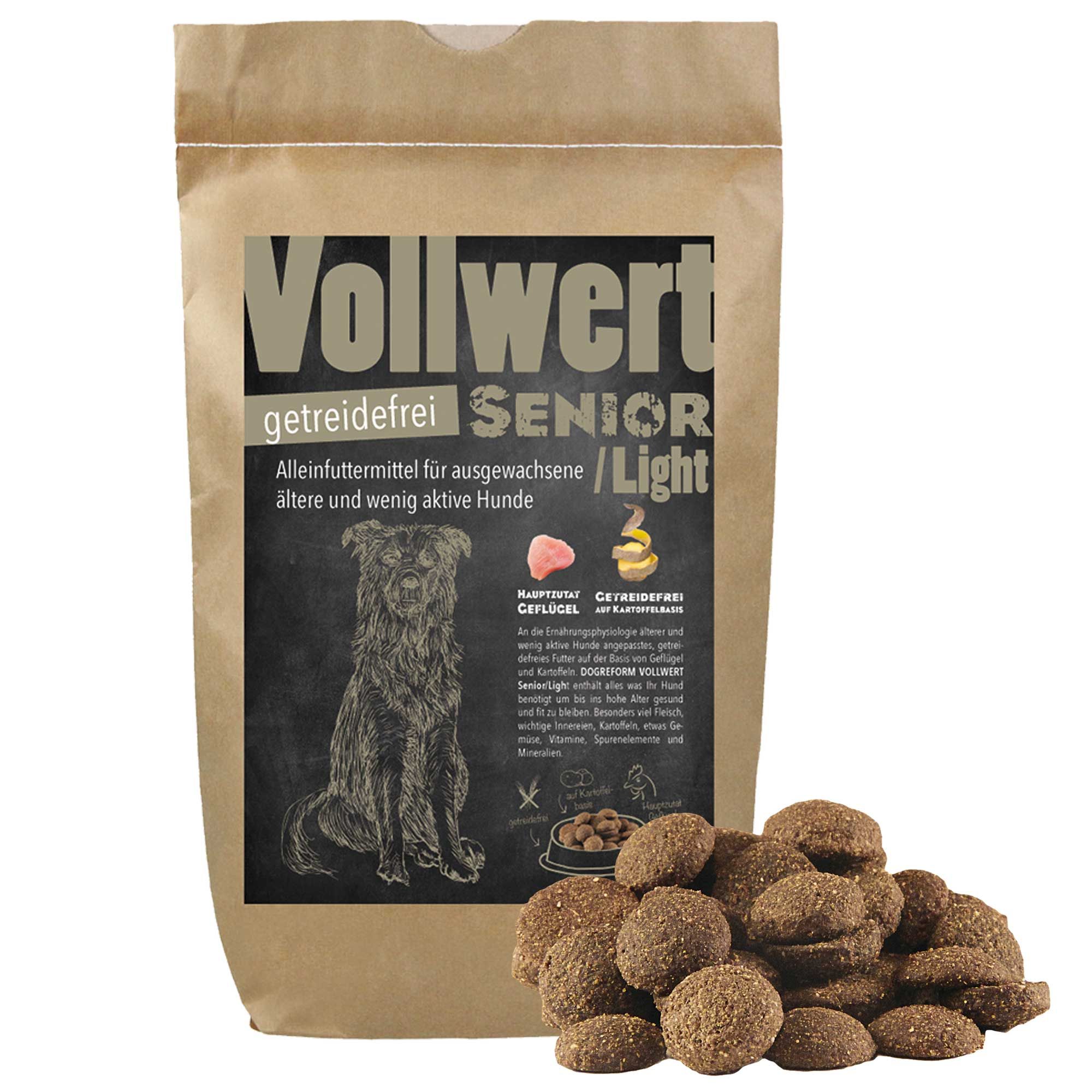 Schecker Trockenfutter-Beutel, Vollwert Senior/Light, getreidefrei. Kroketten daneben. Braune Papierverpackung.