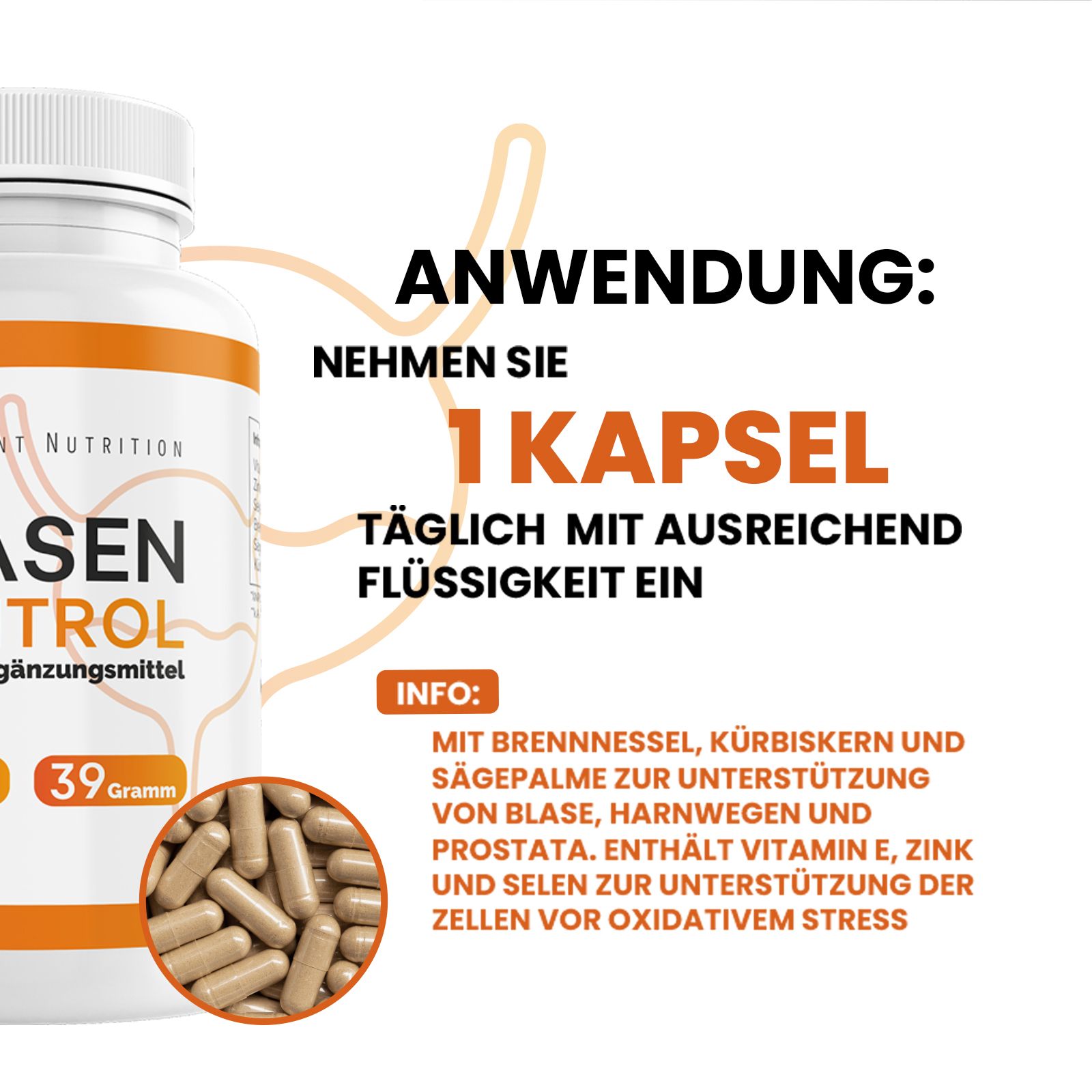 Nahaufnahme von Kapseln neben einer Flasche. Text: 1 Kapsel täglich. Enthält Brennnessel, Kürbiskern und Sägepalme.