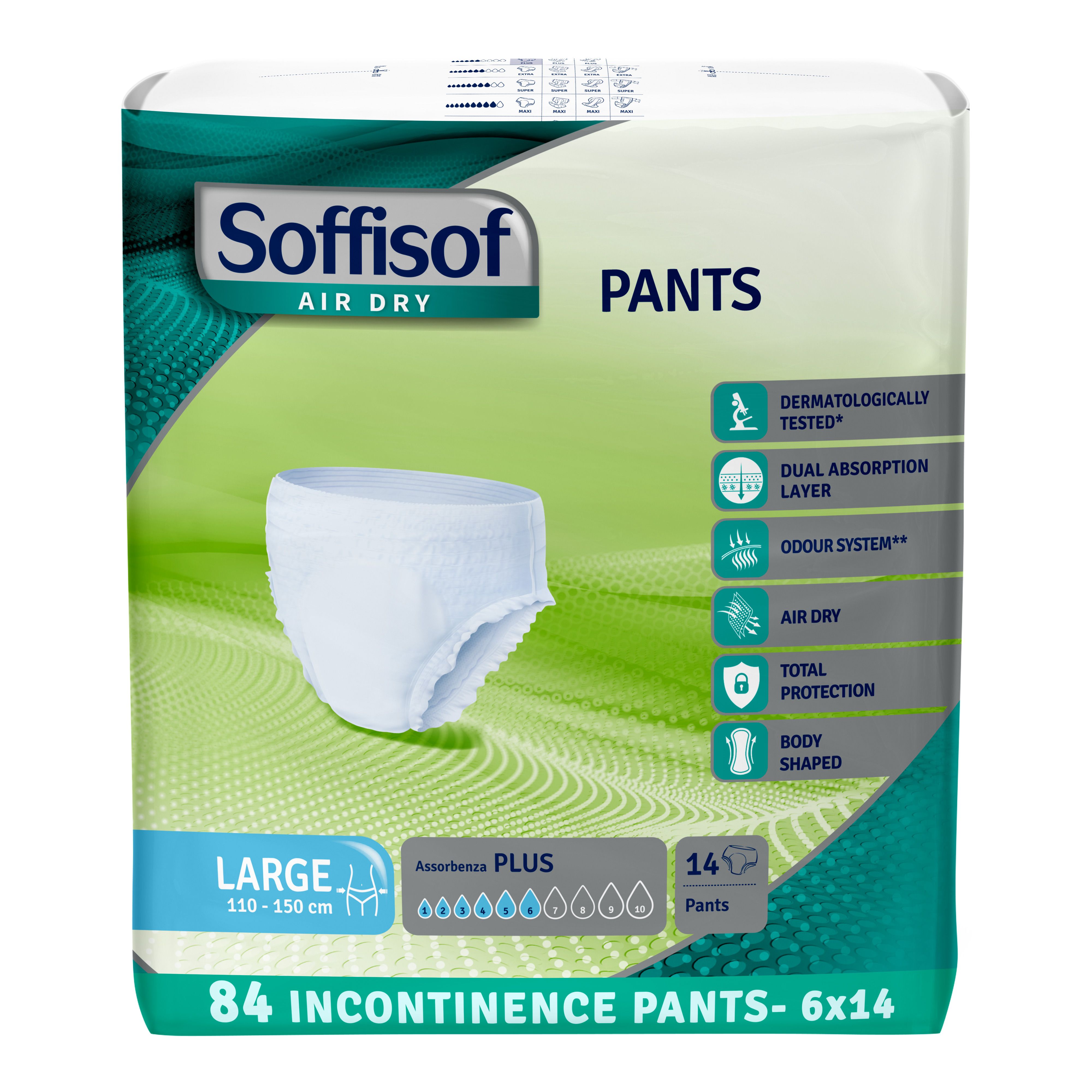 Soffisof Pants Plus incontinentiebroekjes. Witte broekjes, maat Large, 110-150 cm. Verpakking met 14 stuks. Opschriften: Air Dry, Plus, 84 stuks.