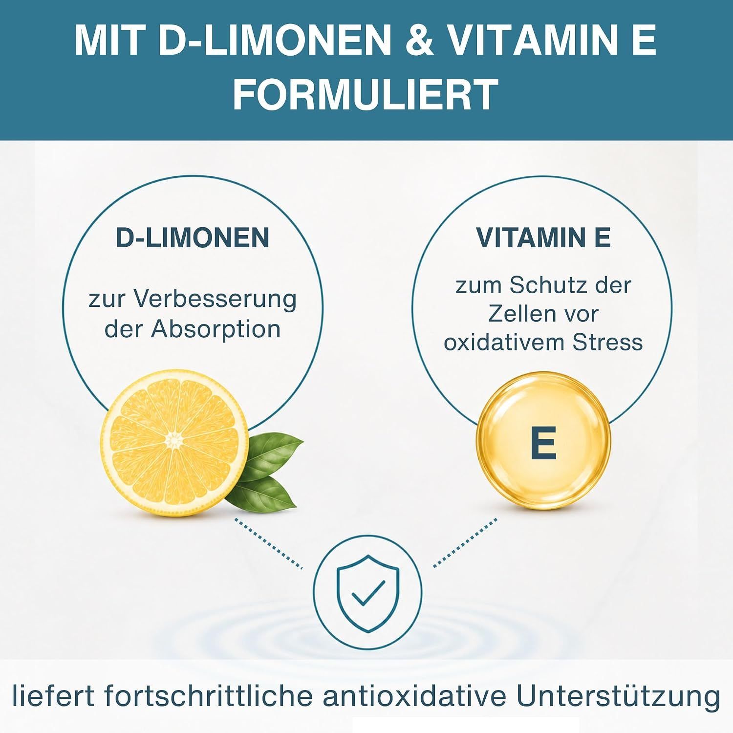 Igennus CoQ10 100mg Flasche mit 120 Kapseln, umgeben von Orangen und Zitronen.