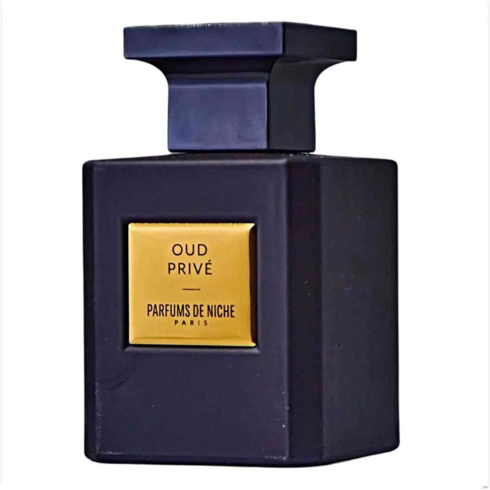 Dunkelblauer Flakon mit goldfarbenem Etikett. Aufschrift: Oud Privé, Parfums de Niche, Paris.