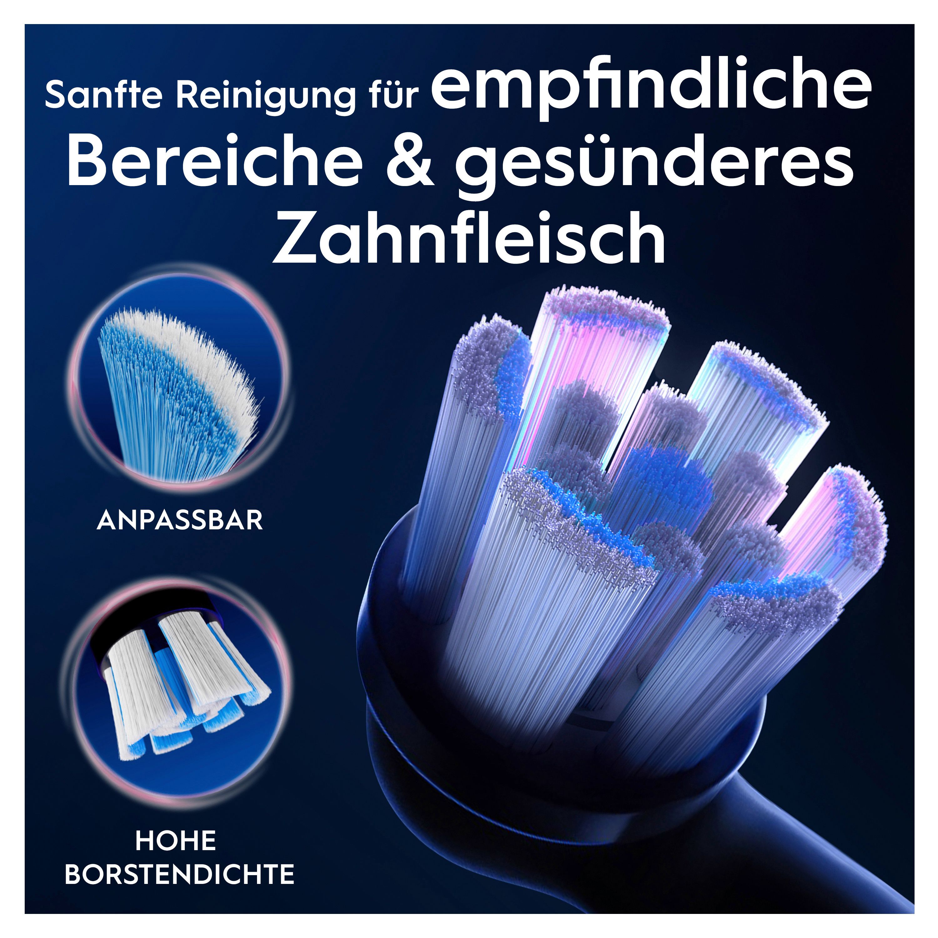 Nahaufnahme einer Zahnbürste mit blauen und weißen Borsten. Text: "Sanfte Reinigung für empfindliche Bereiche & gesünderes Zahnfleisch".