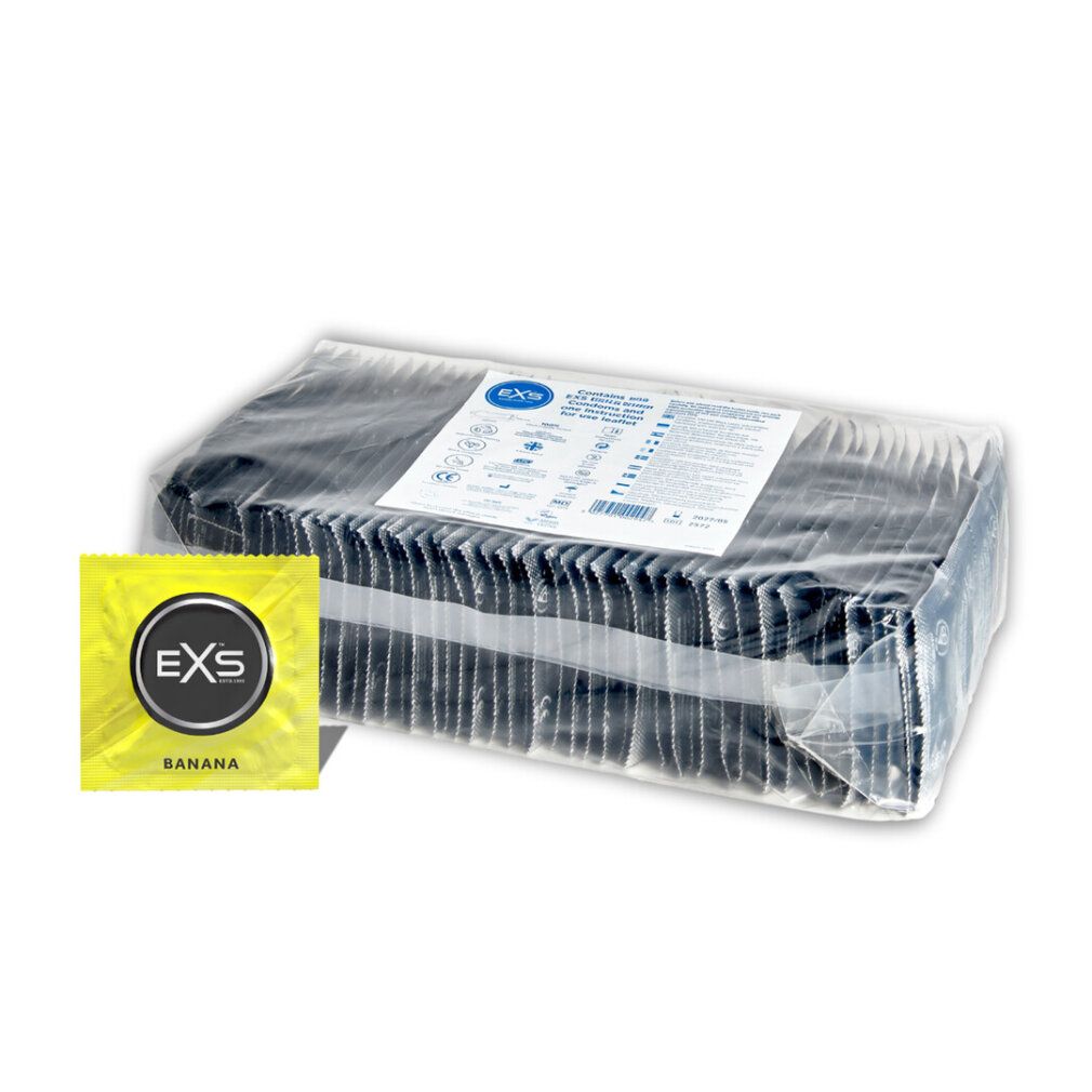 Großpackung mit vielen EXS Banana Kondomen in schwarzer Folie, ein gelbes Kondom vorne.