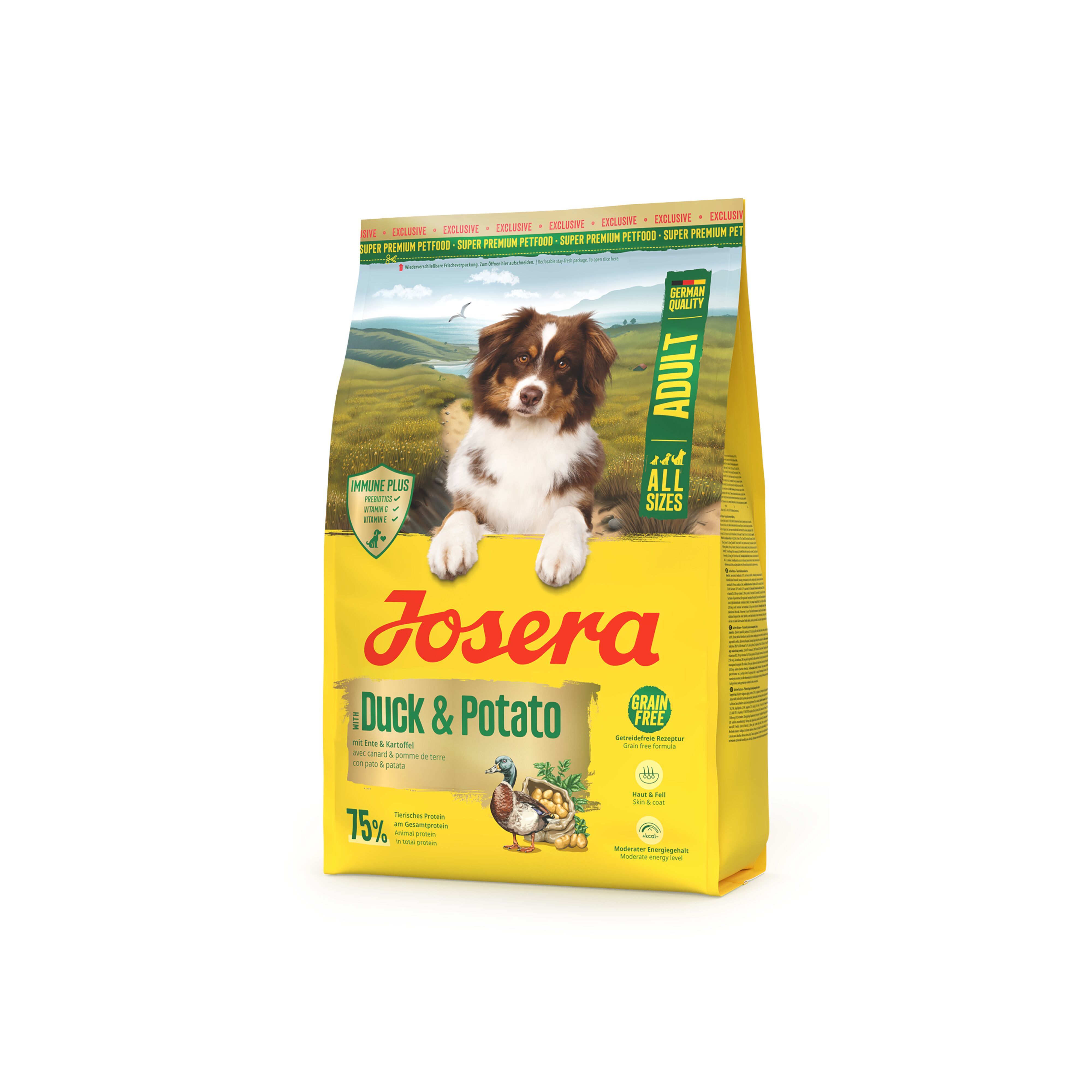 Gelbe Verpackung von JOSERA Adult Duck & Potato. Ein Hund, Ente und Kartoffel sind abgebildet. Text: Grain Free, Adult, Immune Plus.