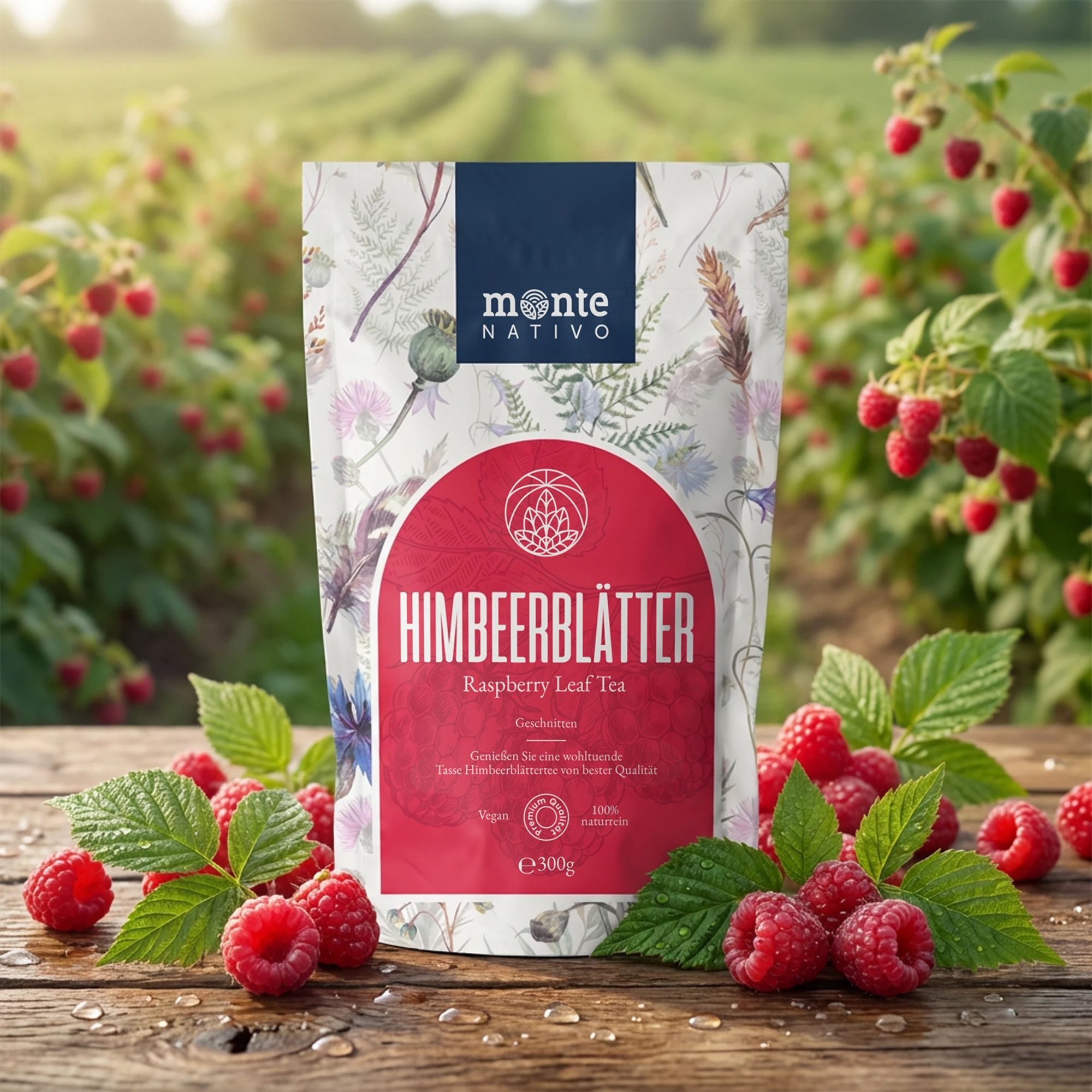 Teebeutel auf Holz mit Himbeeren. Aufschrift: Himbeerblätter. Vegan, 100% natürlich. Im Hintergrund Himbeersträucher.