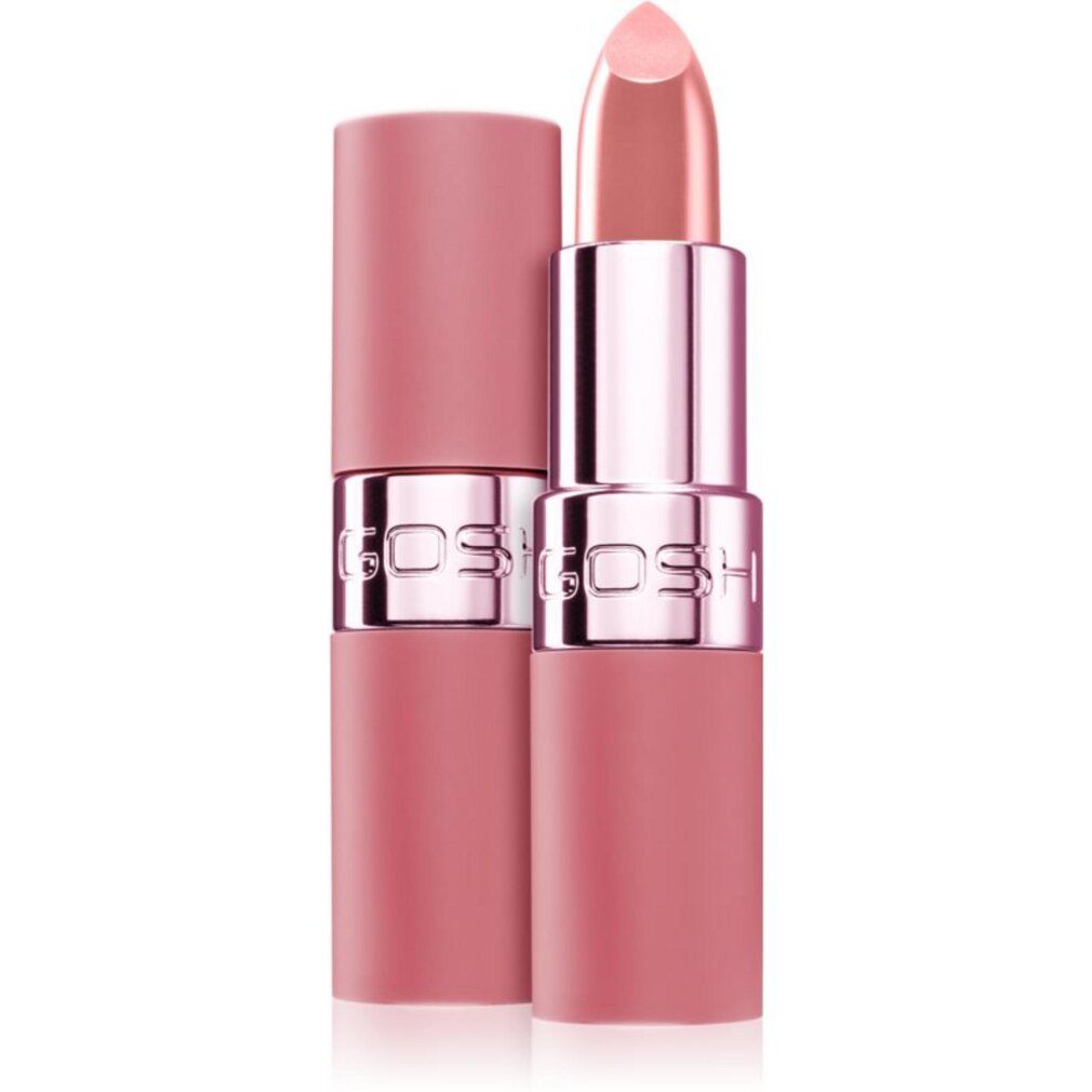 Lippenstift mit rosafarbenem Stift und Hülse. Der Markenname GOSH ist auf dem Metallring sichtbar. Geöffnet und geschlossen.