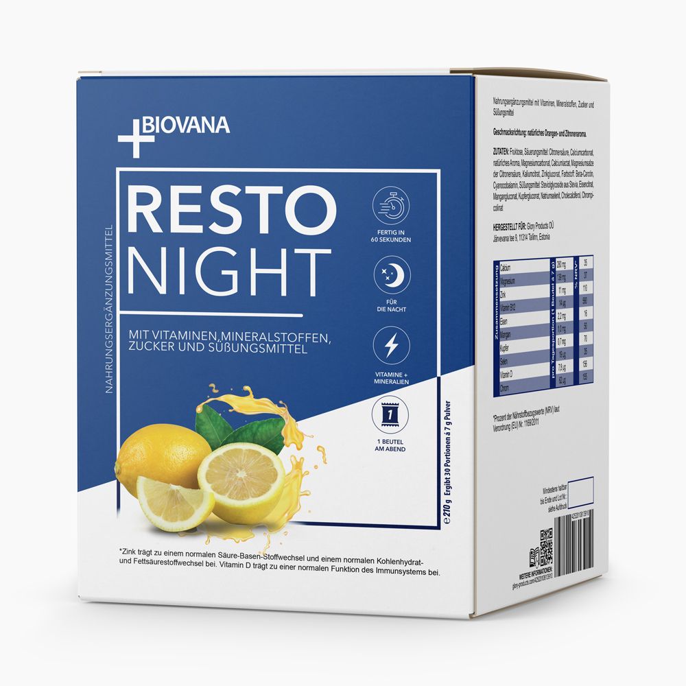 Resto Night-Box mit Produktlogo, Zitronen-Abbildung. Enthält 7 Portionen. Nährwertangaben.