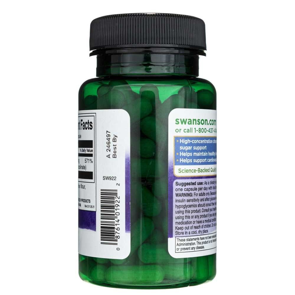 Rückseite der Flasche Swanson Chromium Picolinate mit Anwendungshinweisen.