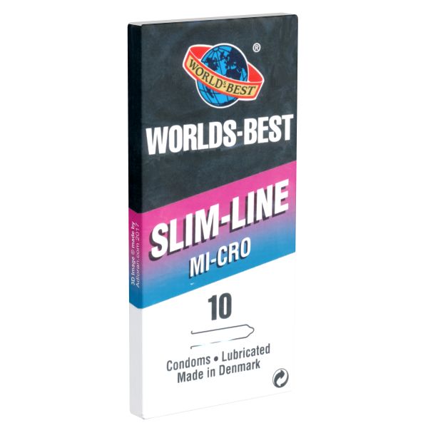 Packung mit Kondomen. Aufschrift: WORLDS-BEST, SLIM-LINE MI-CRO, 10 Stück. Hergestellt in Dänemark.