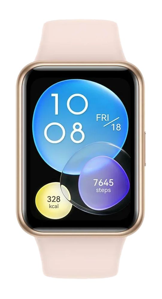 Goldfarbene Smartwatch mit pinkem Armband, zeigt Uhrzeit, Schritte und Kalorien an.
