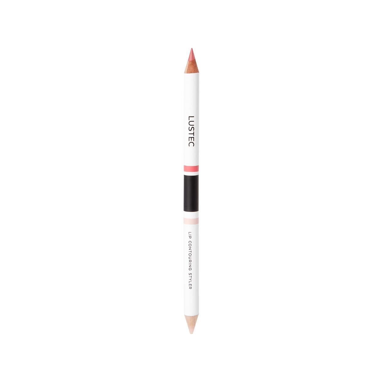 Doppel-Lippenstift-Konturenstift. Weißer Stift mit rosa und beigefarbenen Spitzen. Schwarzer und rosa Streifen. Marke LUSTEC.