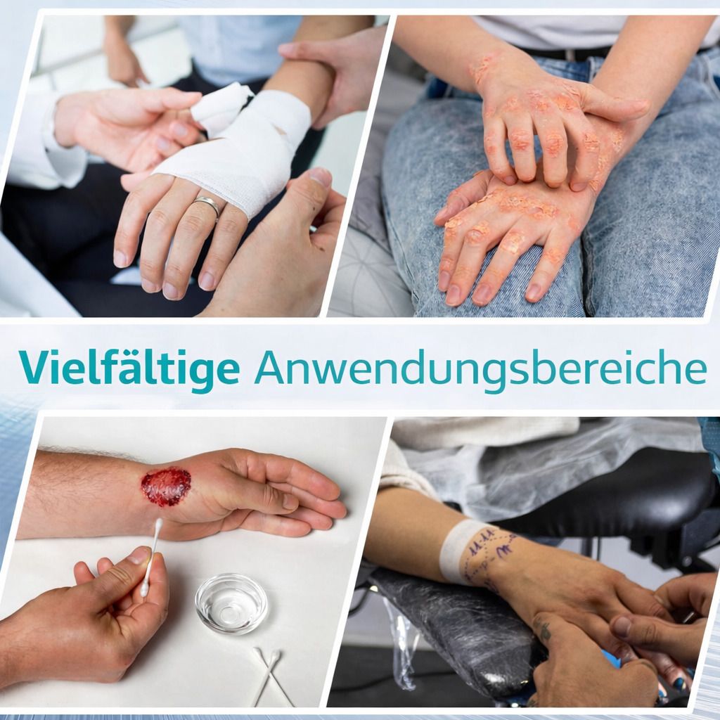 Collage mit vier Bildern. Hände mit Verbänden, Verletzungen und Tätowierungen. Eine Person behandelt eine Wunde. Text: Vielfältige Anwendungsbereiche.