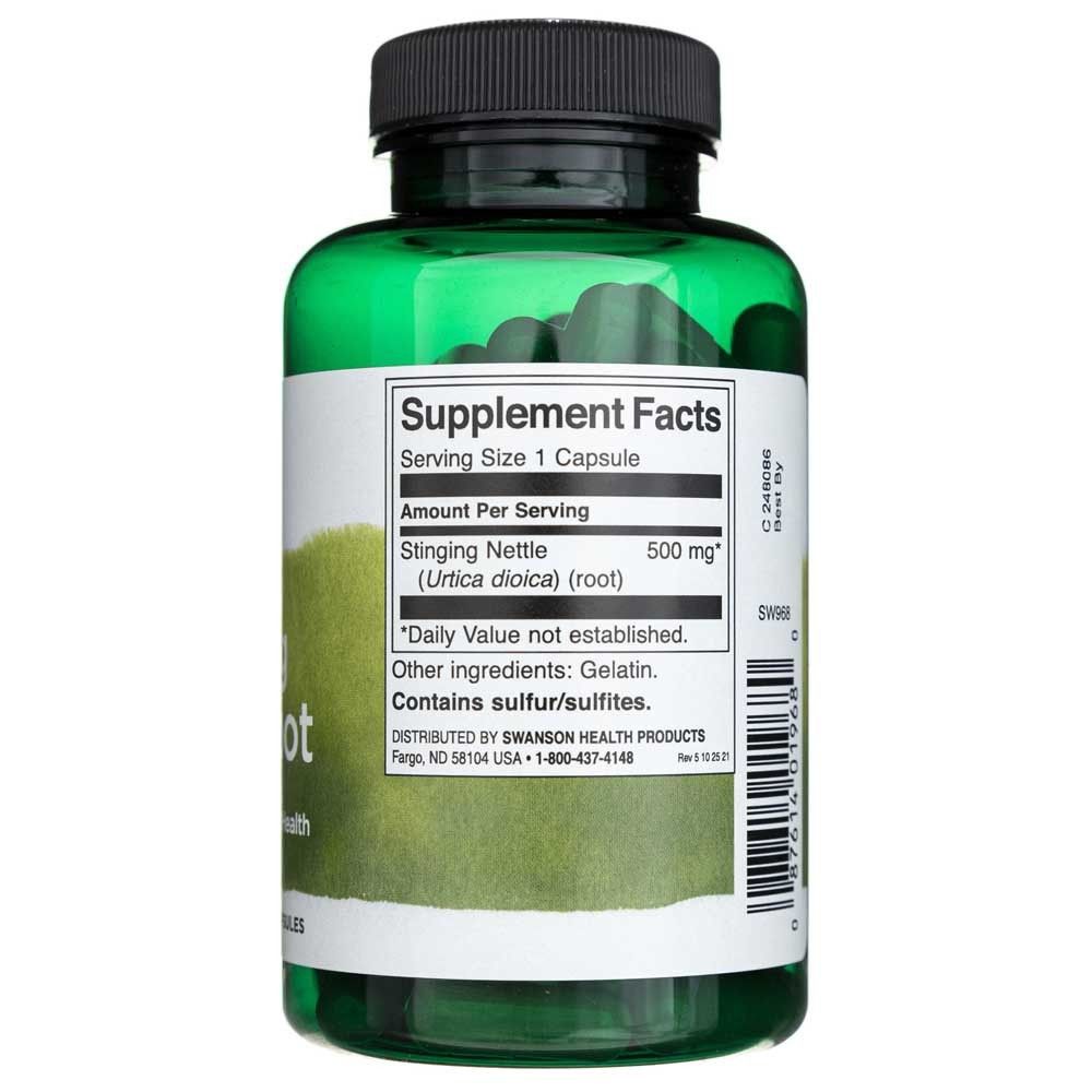 Grüne Kapsel mit "Supplement Facts"-Etikett, das Brennnesselwurzel (Urtica dioica) 500 mg pro Kapsel angibt.