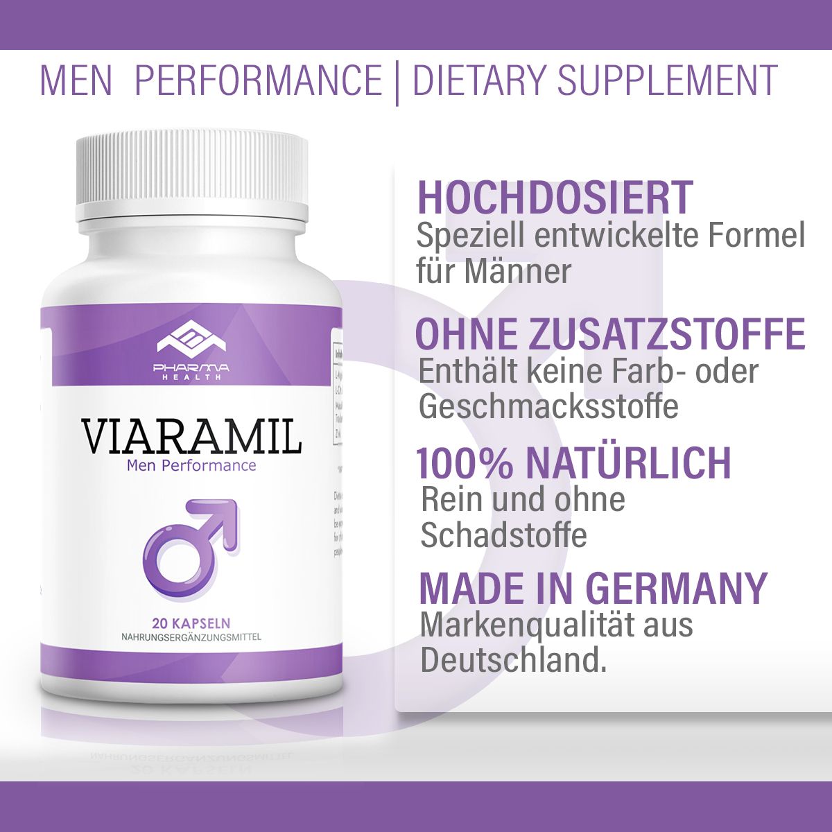 Weiße Flasche mit lila Etikett. Aufschrift: Viaramil Men Performance, 20 Kapseln. Logo: Pharma Health. Text: 100% natürlich, Made in Germany.