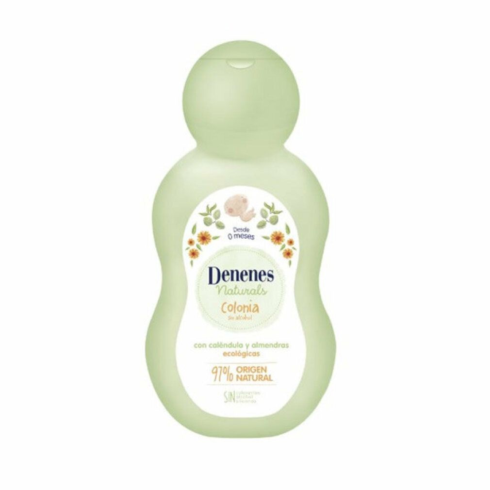 Grüne Flasche mit Produktetikett. Aufschrift: Denenes Naturals Colonia. Mit Ringelblume und Mandeln. 97% natürlichen Ursprungs.