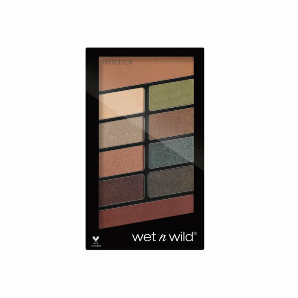 Palette mit 10 Lidschattenfarben. Schwarze Verpackung mit Produktnamen und Cruelty-Free-Logo. Brauntöne, Grün und Beige.
