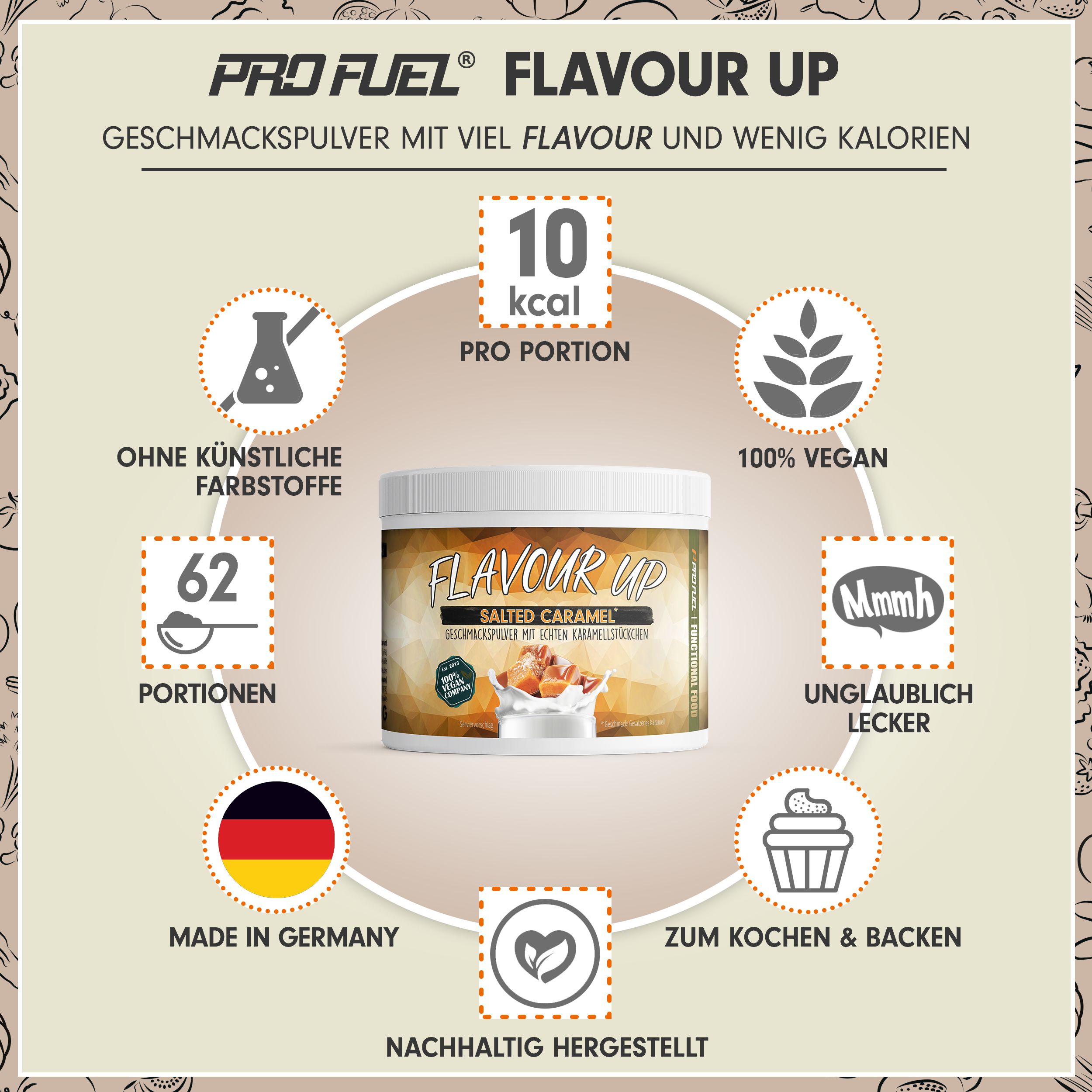 Produktglas mit FLAVOUR UP, Salted Caramel. 10 kcal pro Portion. 100% Vegan. 62 Portionen. Made in Germany. Zum Kochen & Backen.