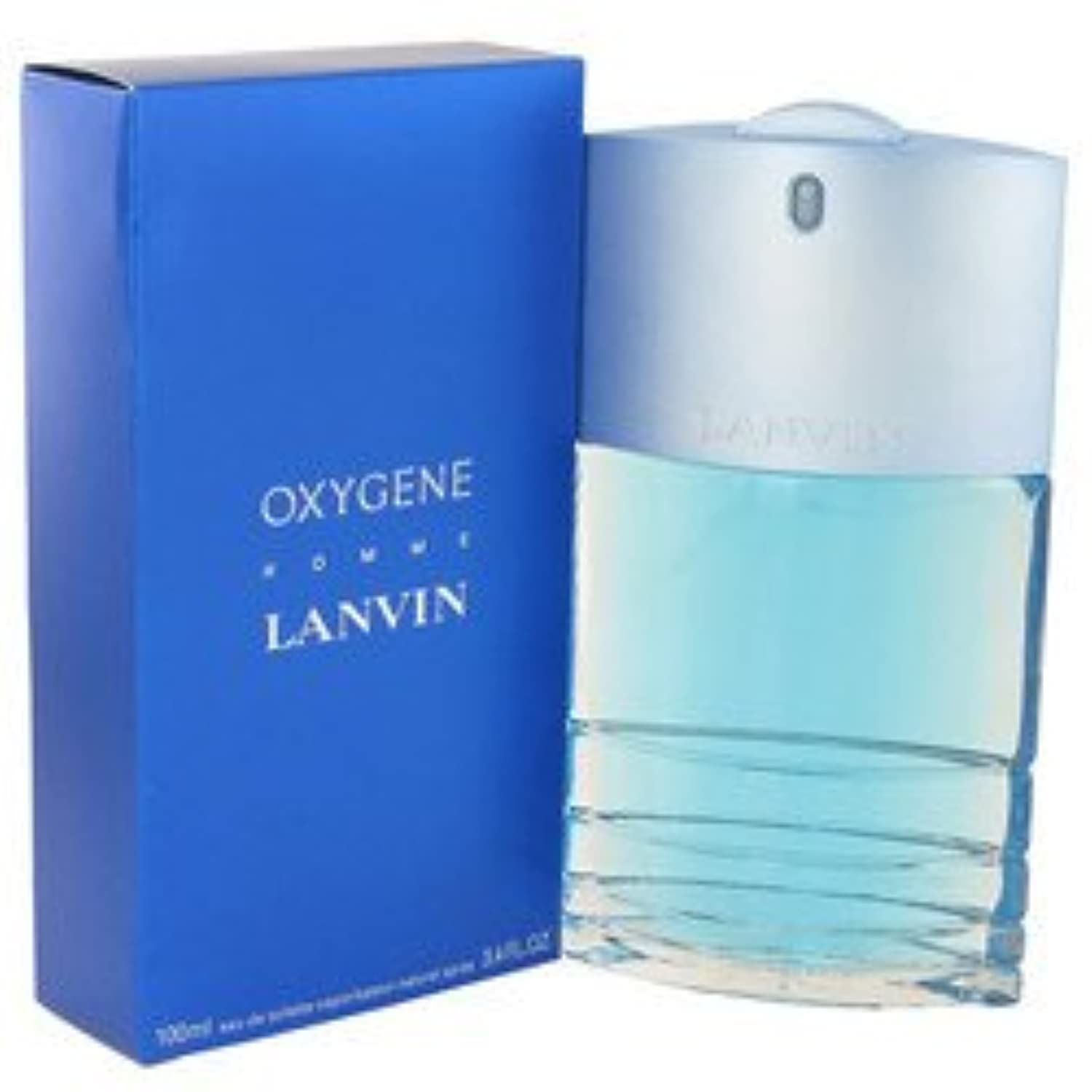Blaues Parfüm mit blauer Schachtel. Auf der Schachtel steht "Oxygene Homme" und "Lanvin". Der Flakon ist zylindrisch.