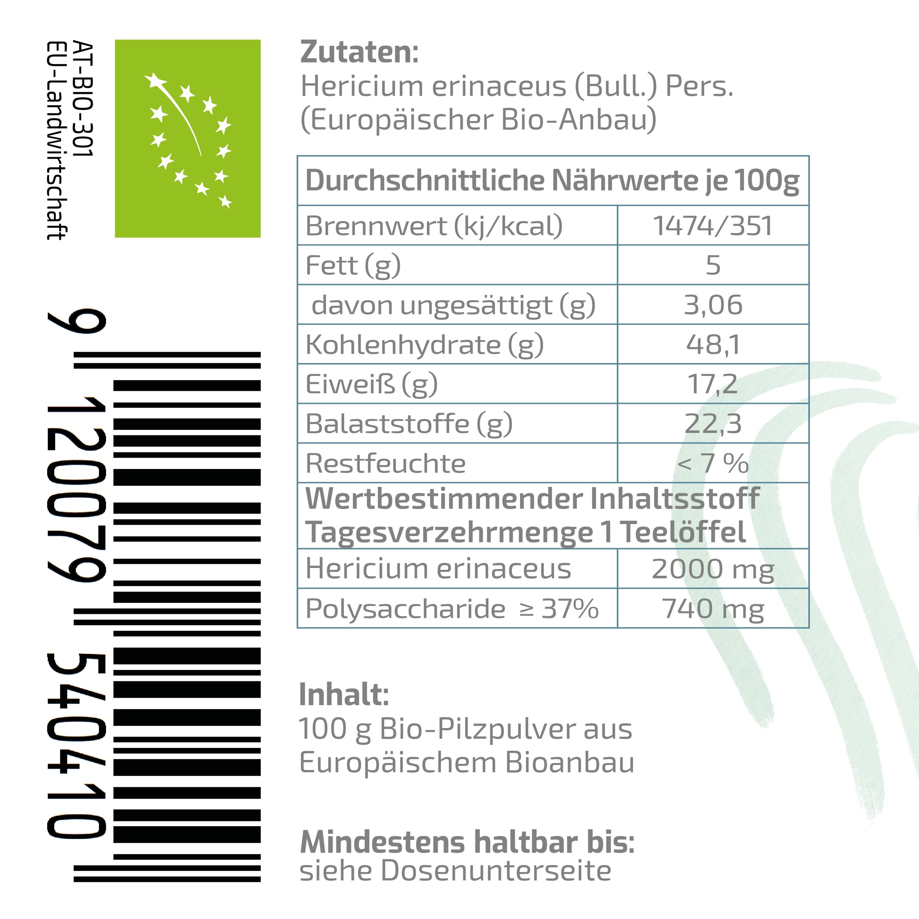 BEAUVITAL® Pure Bio Hericium Pulver mit 10% Lions Mane Extrakt