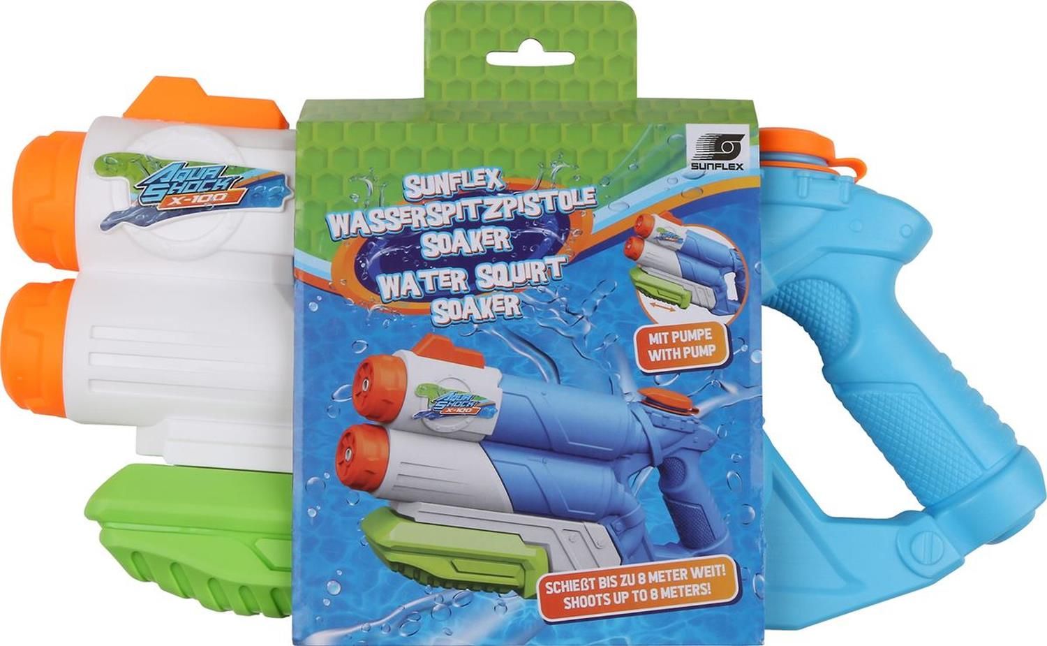 Wasserspritzpistole in Verpackung. Blau-weißes Design mit orangefarbenen Akzenten. Text: 'Sunflex Wasserspritzpistole Soaker'.