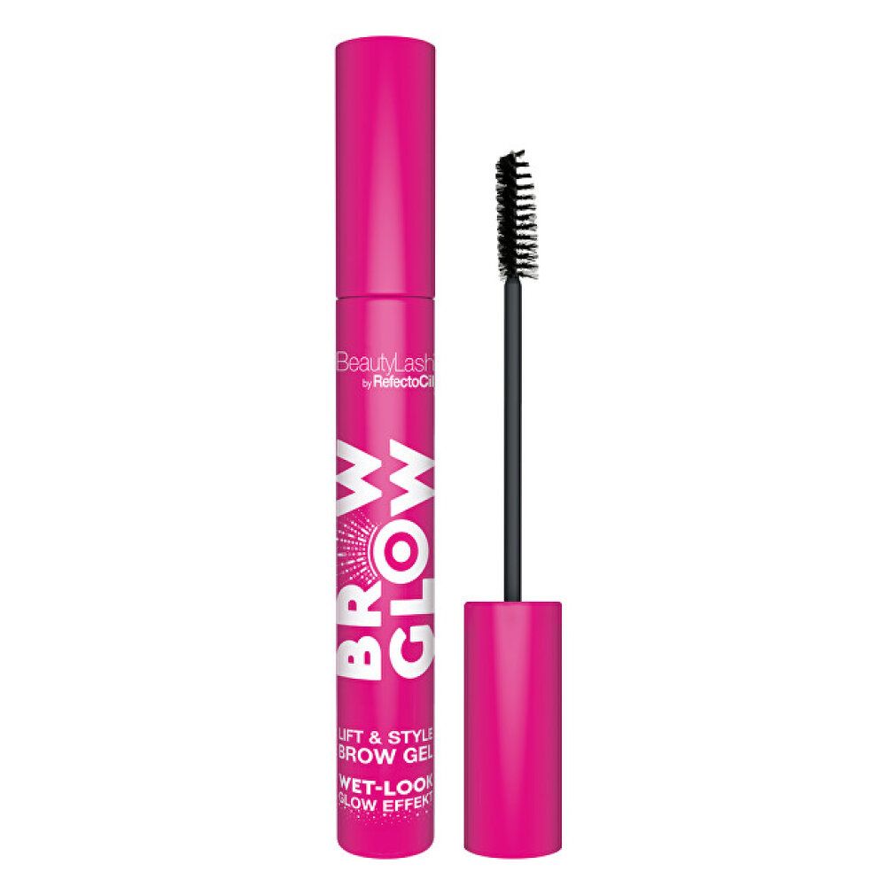 Pinke Tube Refectocil BEAUTYLASH BROW GLOW mit Bürste. Aufdruck: BROW GLOW, BeautyLash, Wet-Look Glow Effekt.
