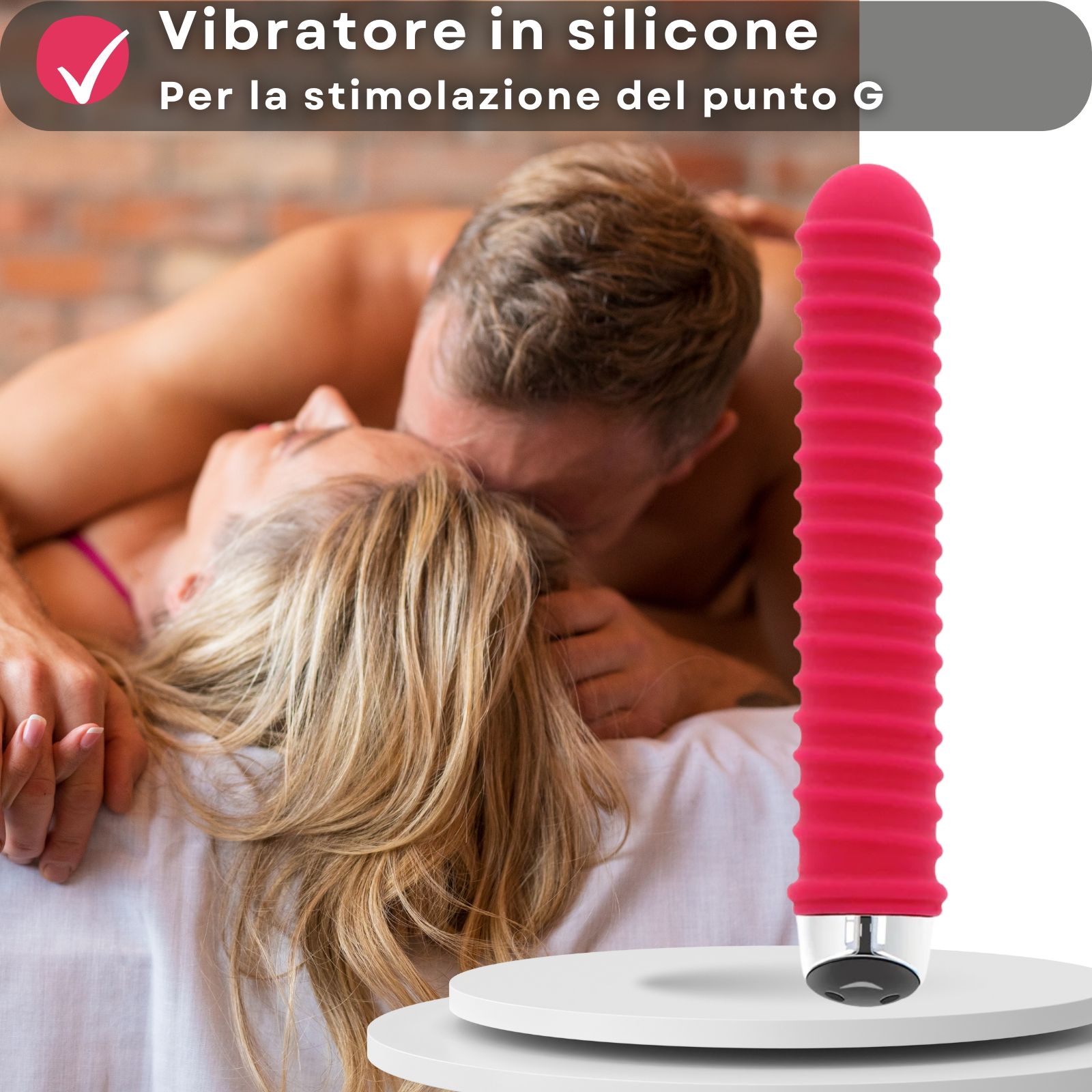 Vibratore rosso scanalato. Testo: Vibratore in silicone, per la stimolazione del punto G.