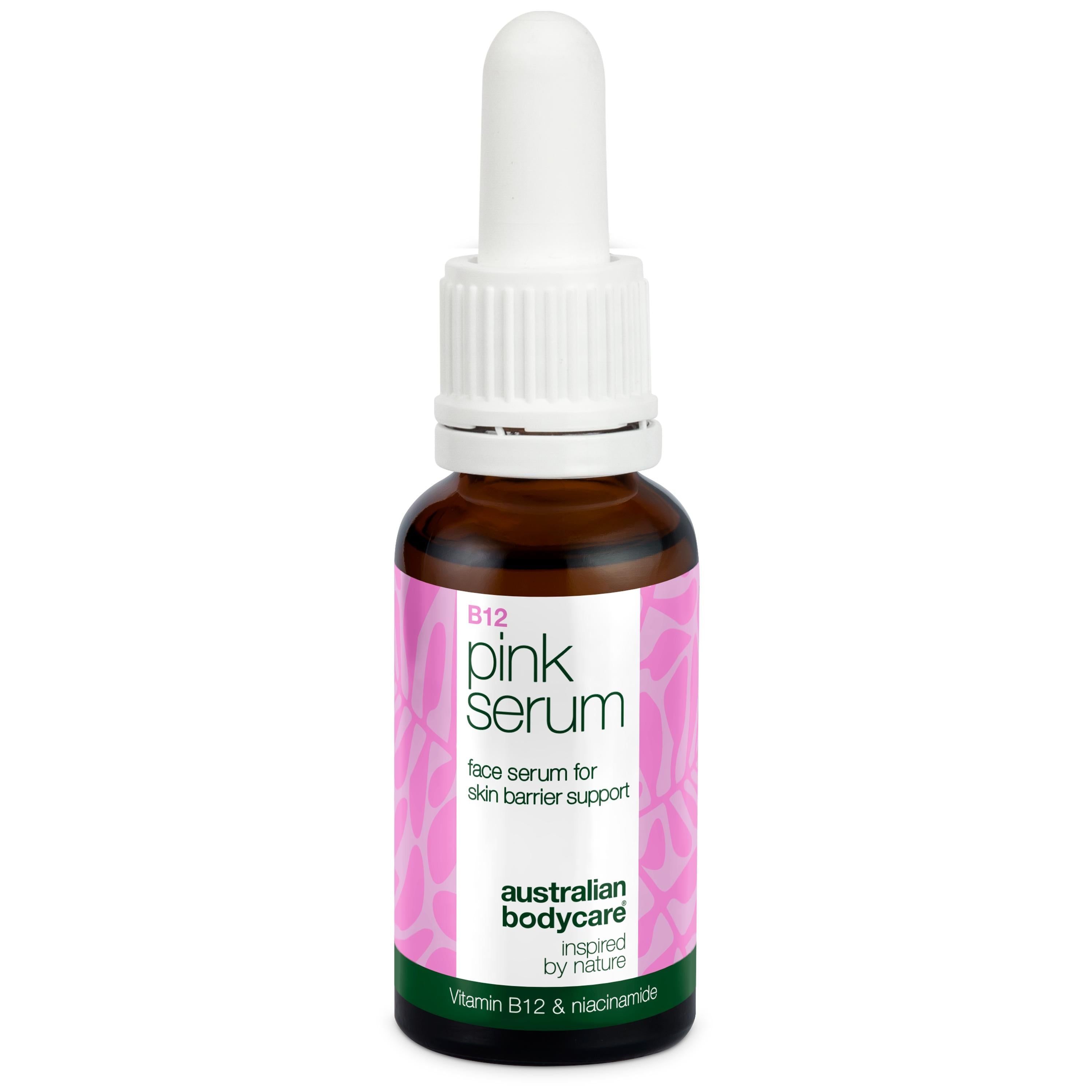 Braune Flasche mit weißem Tropfer. Rosa Etikett mit Text: B12 pink Serum. Australian Bodycare.